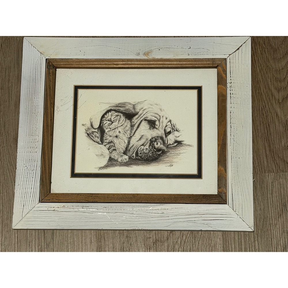 Vintage Dog and Kitten Sleeping Sketch Rustic Framed Wall Art Farmhouse Decor